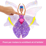 MATTEL HYJ10 BARBIE- Ali Scintillanti, Bambola dai Capelli Viola, trasformazione 2 in 1 da Ballerina a Farfalla con Ali apribili