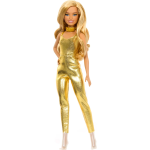 BARBIE FBR37 Bambola Fashionistas n. 222, silhouette petite con capelli biondi ondulati, accessori dorati e tuta alla moda, da collezione per il 65° anniversario